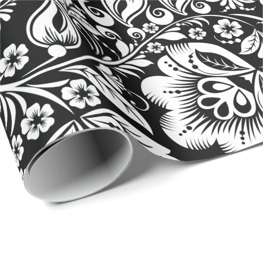 White & Black Floral DamasPattern Cadeaupapier (Rol Hoek)