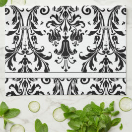 White Black Floral Swirl Damask Monogram Theedoek