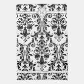 White Black Floral Swirl Damask Monogram Theedoek (Verticaal)