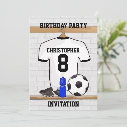 White Black Football Soccer Jersey Birthday Party Kaart (Staand voorkant)