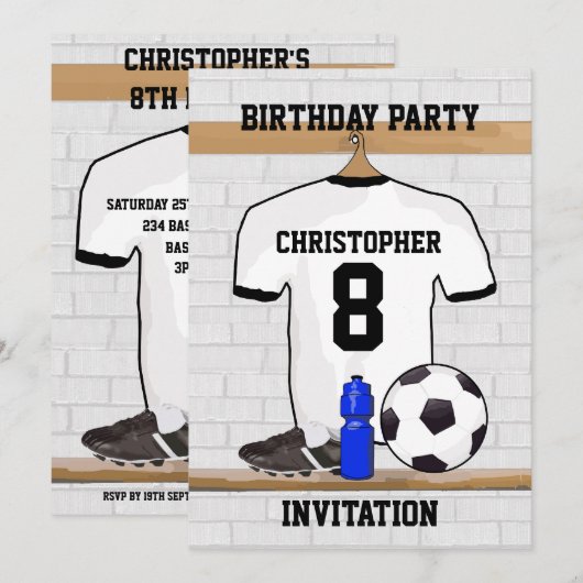 White Black Football Soccer Jersey Birthday Party Kaart (Voorkant / Achterkant)