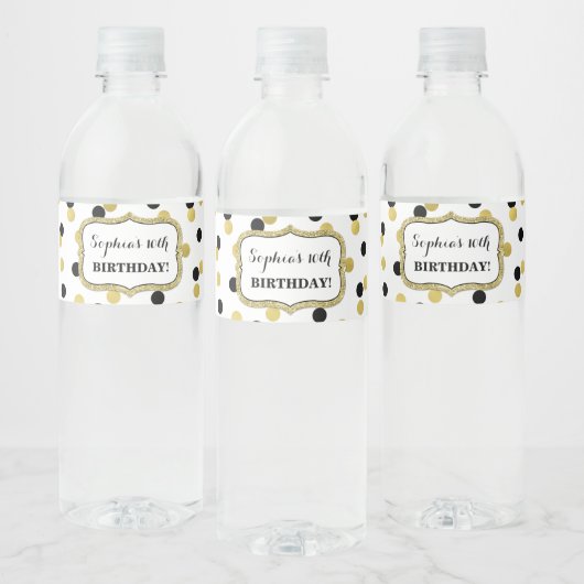 White Black Gold Confetti - Aangepaste geboortedag Waterfles Etiket (Flessen)