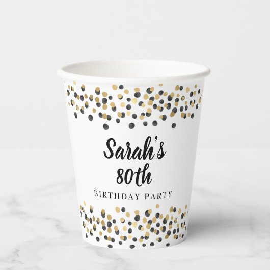 White Black Gold Confetti Glitter 80th Birthday Papieren Bekers (Voorkant)