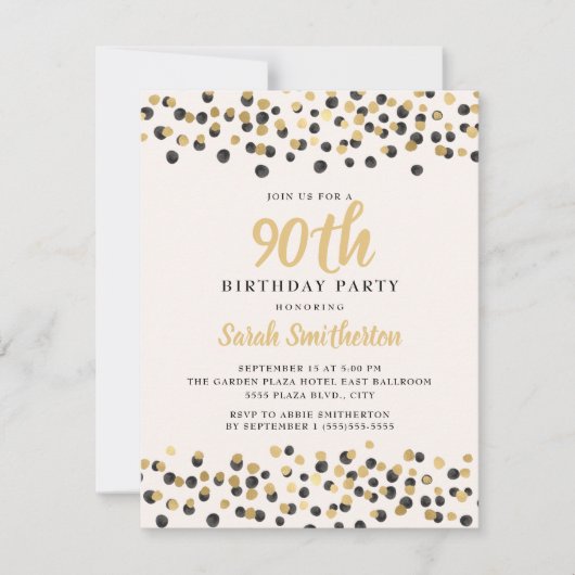 White Black Gold Confetti Glitter 90th Birthday Kaart (Voorkant)