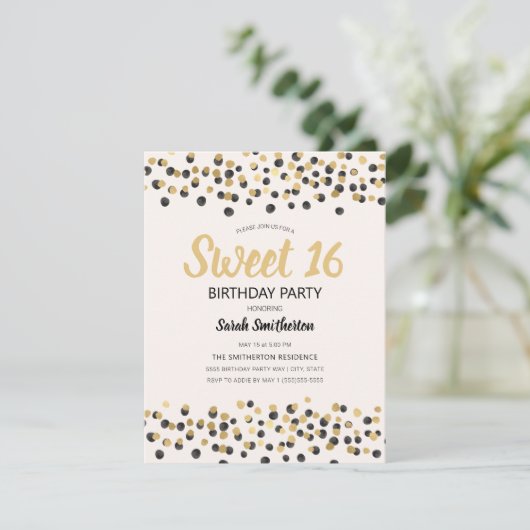 White Black Gold Confetti Glitter Sweet 16 Kaart (Staand voorkant)