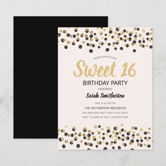 White Black Gold Confetti Glitter Sweet 16 Kaart (Voorkant / Achterkant)