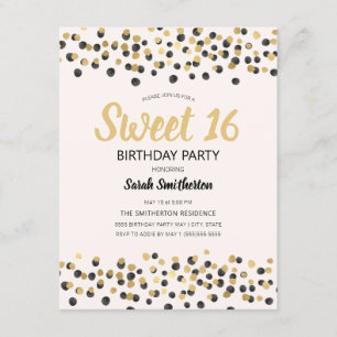 White Black Gold Confetti Glitter Sweet 16 Kaart