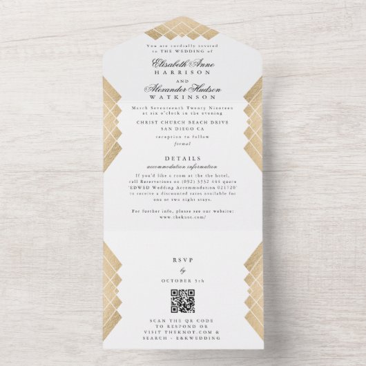 White Black Gold Gatsby QR CODE RSVP Weddenschap All In One Uitnodiging (Binnen)