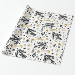 White Black Gold PINE en sterren CHRISTMAS Cadeaupapier