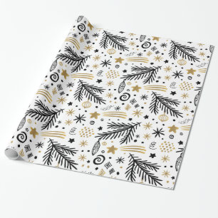 White Black Gold PINE en sterren CHRISTMAS Cadeaupapier