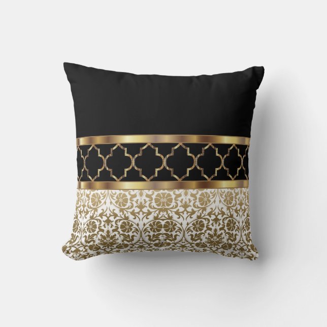 White, Black & Gold Quatrefoil & Damask Patroon Kussen (Voorkant)