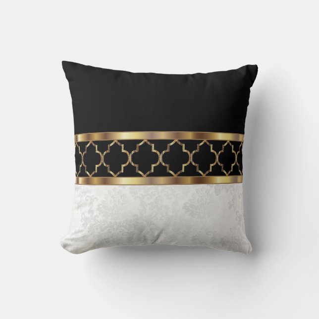 White, Black & Gold Quatrefoil & Damask Pattern2 Kussen (Voorkant)