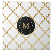White Black Gold Quatrefoil Pattern Monogramed Tegeltje (Voorkant)