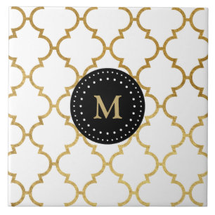 White Black Gold Quatrefoil Pattern Monogramed Tegeltje