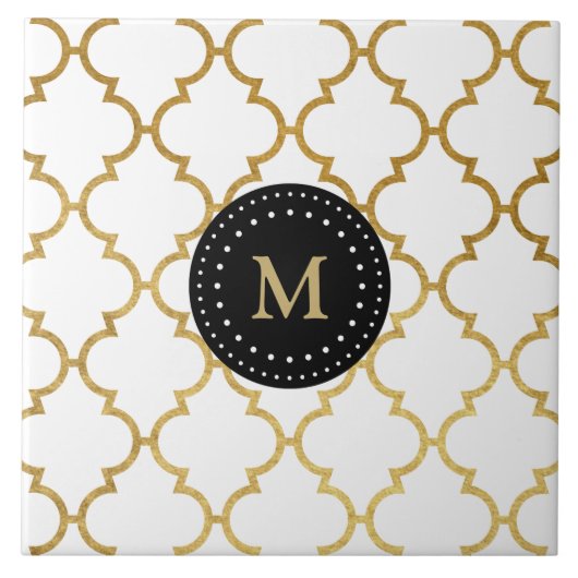 White Black Gold Quatrefoil Pattern Monogramed Tegeltje (Voorkant)