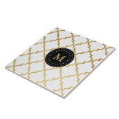 White Black Gold Quatrefoil Pattern Monogramed Tegeltje (Zijkant)