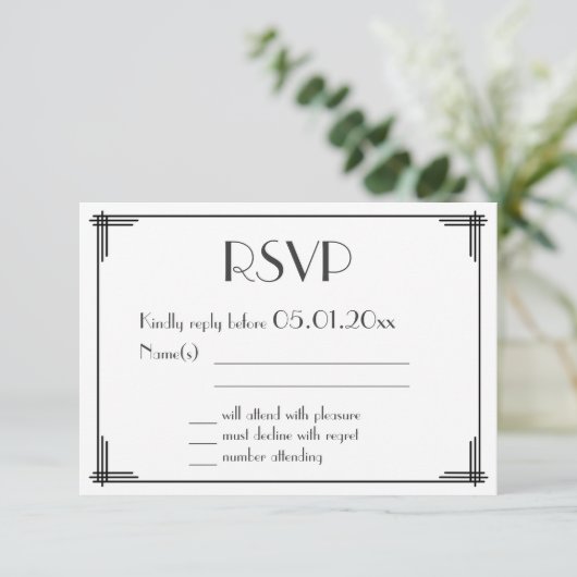 White Black Great Gatsby Art Deco Wedding RSVP (Staand voorkant)