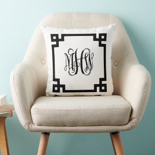 White Black Greek Key Vine Script Monogram DIY BG Kussen