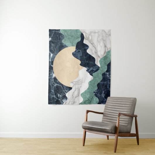 White Black Green Beige Marble Mountain Landscape Wandkleed (In situ)