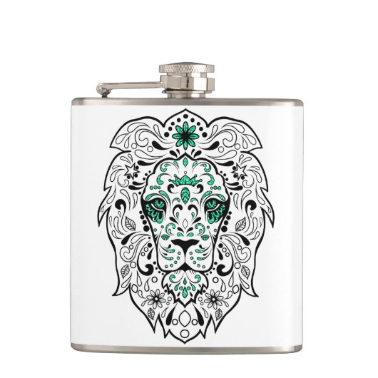 White Black & Green Glitter Lion Sugar Skull Heupfles (Voorkant)
