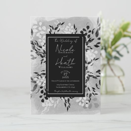White Black Grey Modern Minimal Floral Wedding Kaart (Staand voorkant)