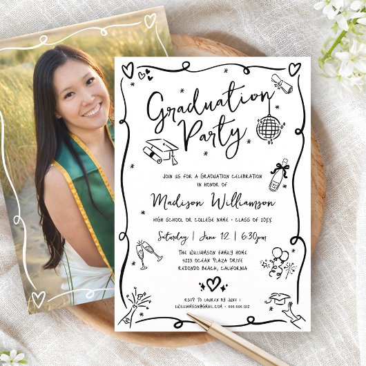 White Black Hand Drawn Doodle Photo Graduate Party Kaart