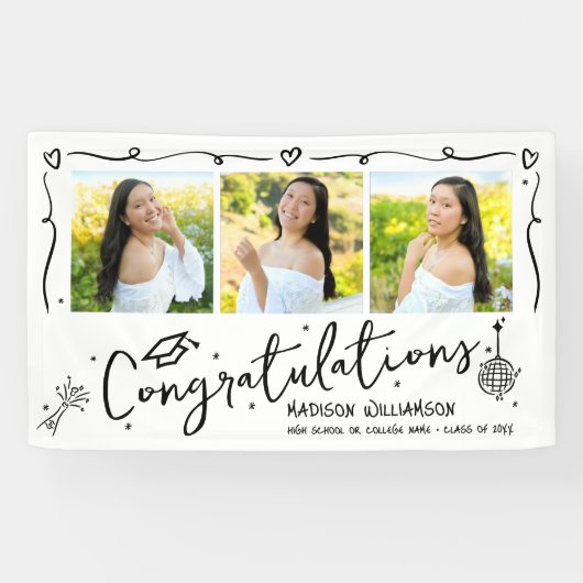 White Black Hand Drawn Doodles Graduation 3 Photo Spandoek (Horizontaal)