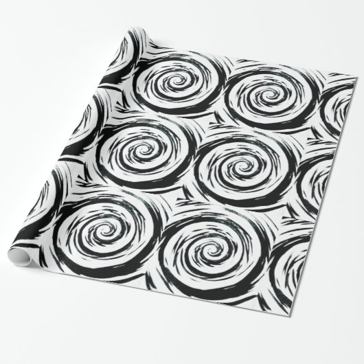 White & Black Hypnotic Swirl Art Cadeaupapier (Uitgerold)