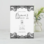 White & Black Lace Elegant Sweet 16 Party Kaart (Staand voorkant)