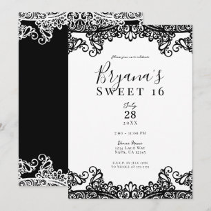 White & Black Lace Elegant Sweet 16 Party Kaart