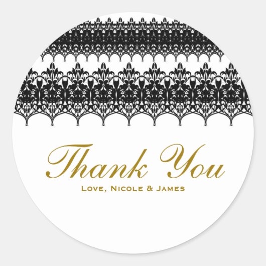 White & Black Lace look Elegant Wedding Favor Ronde Sticker (Voorkant)