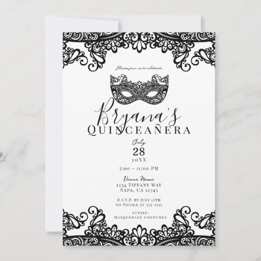 White & Black Lace Masquerade 15th Quinceañera Kaart (Voorkant)