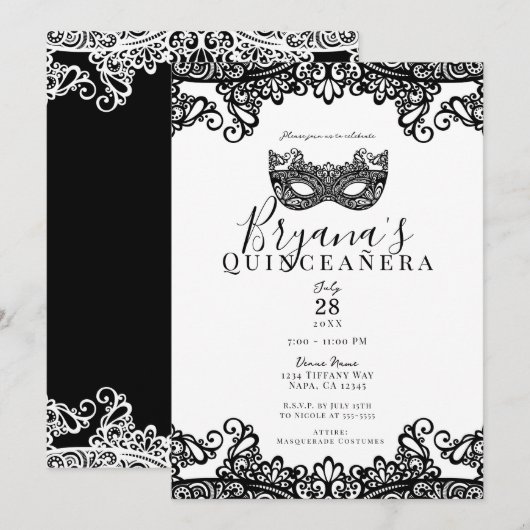 White & Black Lace Masquerade 15th Quinceañera Kaart (Voorkant / Achterkant)