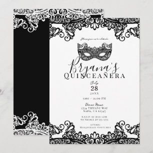 White & Black Lace Masquerade 15th Quinceañera Kaart