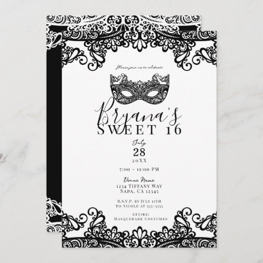 White & Black Lace Masquerade Sweet 16 Party Kaart (Voorkant / Achterkant)