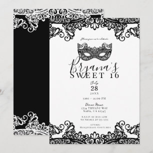 White & Black Lace Masquerade Sweet 16 Party Kaart