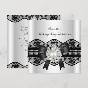White Black Lace Pearl Elegant Birthday Party Kaart