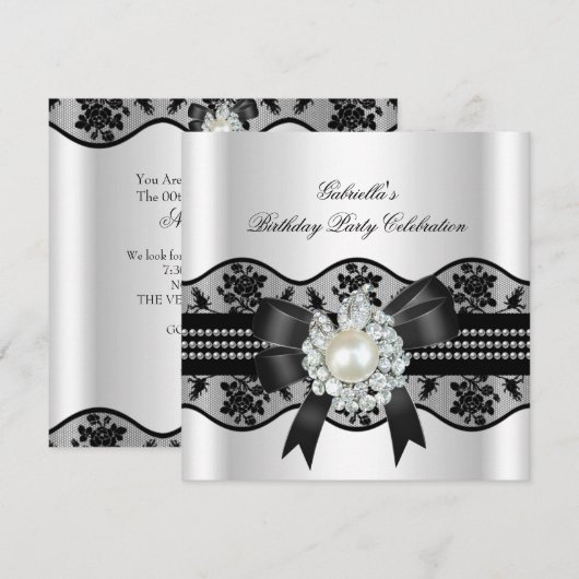 White Black Lace Pearl Elegant Birthday Party Kaart (Voorkant / Achterkant)