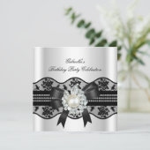 White Black Lace Pearl Elegant Birthday Party Kaart (Staand voorkant)