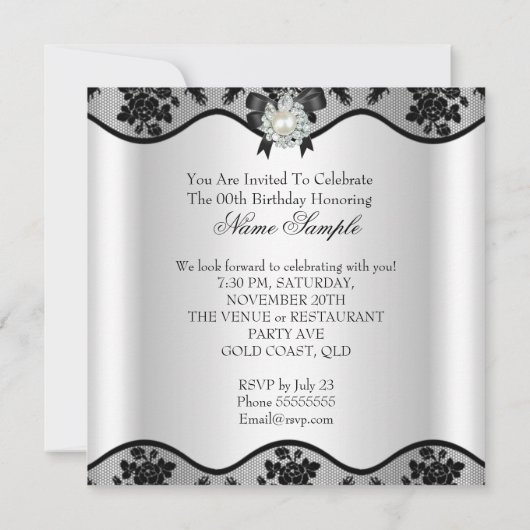 White Black Lace Pearl Elegant Birthday Party Kaart (Achterkant)