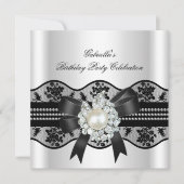 White Black Lace Pearl Elegant Birthday Party Kaart (Voorkant)