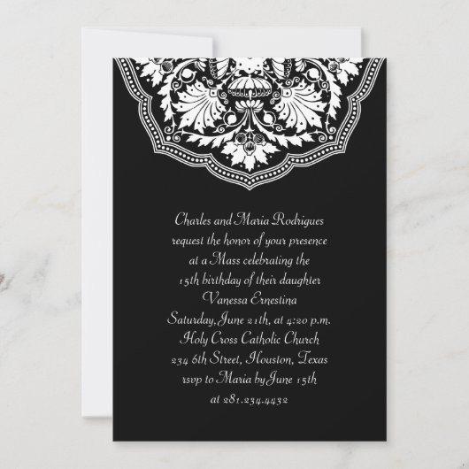 White & Black Latijn Pattern Quinceanera Invitatio Kaart (Voorkant)