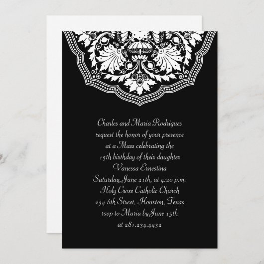 White & Black Latijn Pattern Quinceanera Invitatio Kaart (Voorkant / Achterkant)