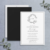 White Black Leafy Crest Monogram Couples Shower Kaart