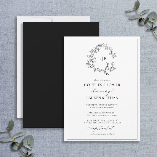 White Black Leafy Crest Monogram Couples Shower Kaart