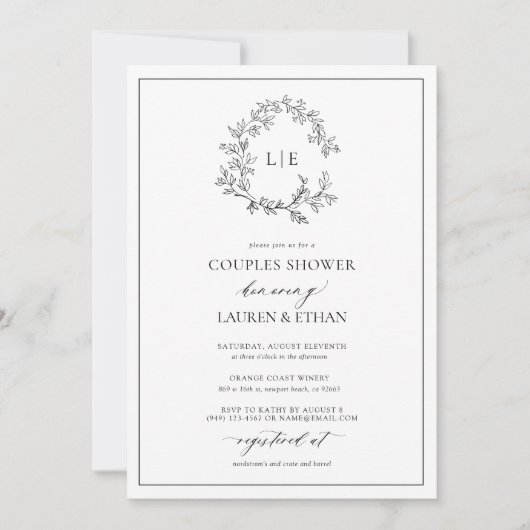 White Black Leafy Crest Monogram Couples Shower Kaart (Voorkant)