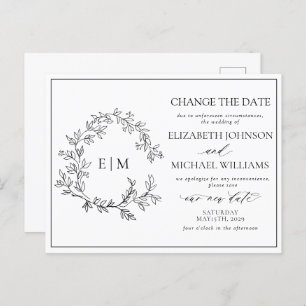 White Black Leafy Crest Monogram Datum wijzigen Uitnodiging Briefkaart