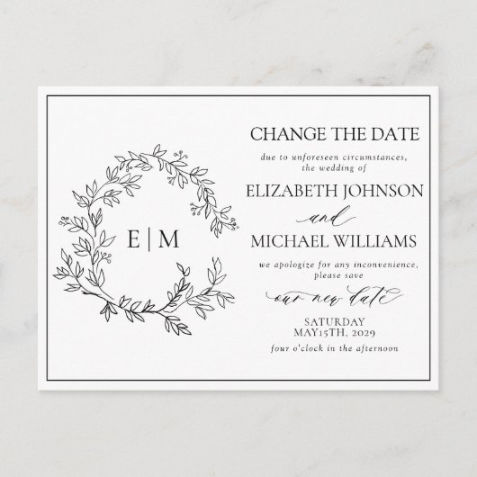 White Black Leafy Crest Monogram Datum wijzigen Uitnodiging Briefkaart (Voorkant)