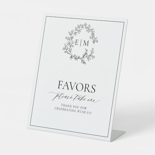 White Black Leafy Crest Monogram Favors Reclamebord Met Voetstuk (Voorkant)
