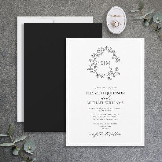 White Black Leafy Crest Monogram Foto Weduwschap Kaart